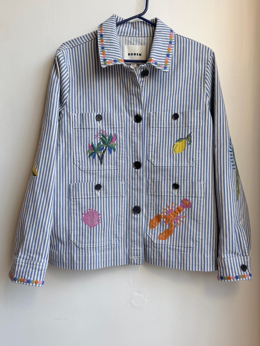 Boden Embroidered Utility Jacket Blue White Striped Tropical Women’s Size 10 - Picture 1 of 13